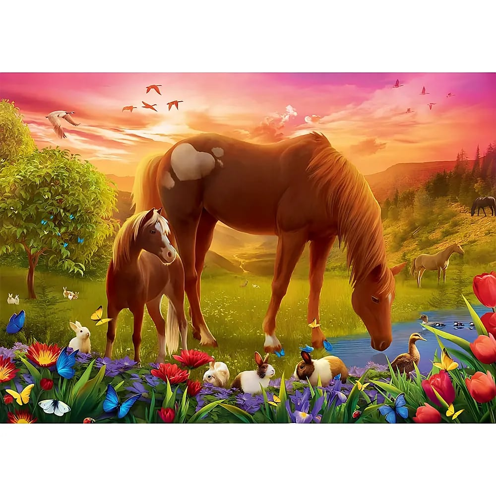 A brown horse and foal stand by a riverbank in a lush meadow at sunset, surrounded by rabbits and colorful butterflies.