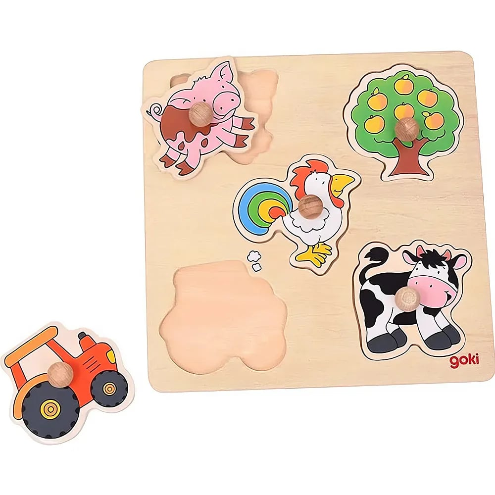Ein Holzpuzzle mit Bauernhoftieren wie Schwein, Kuh, Hahn, Baum und Traktor.