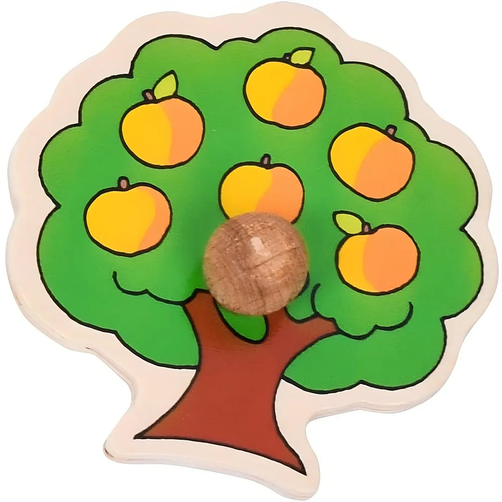 Ein hölzernes Apfelbaum-Puzzle mit grünem Laub, braunem Stamm, orangefarbenen Früchten und einem runden Holzknauf.