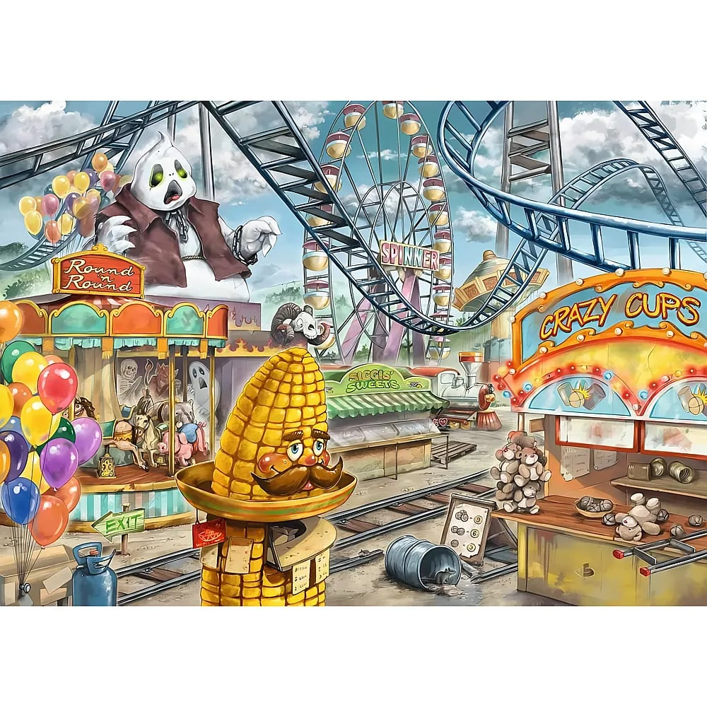 Ein bunter Jahrmarkt mit einer Achterbahn, einem Riesenrad, Karussells und verschiedenen Essensständen unter bewölktem Himmel.