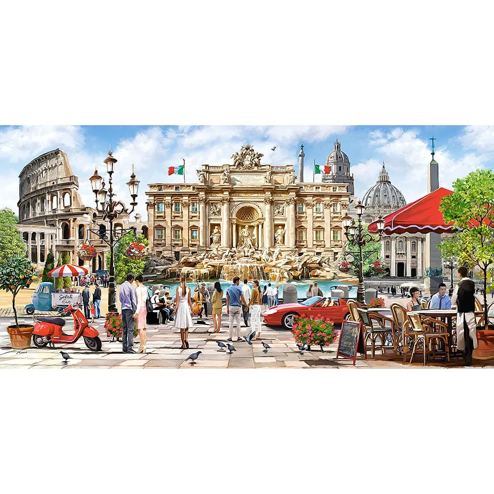 Gemälde eines belebten römischen Platzes mit Trevi-Brunnen, Kolosseum, Menschen, Autos, Vespas und Cafétischen.