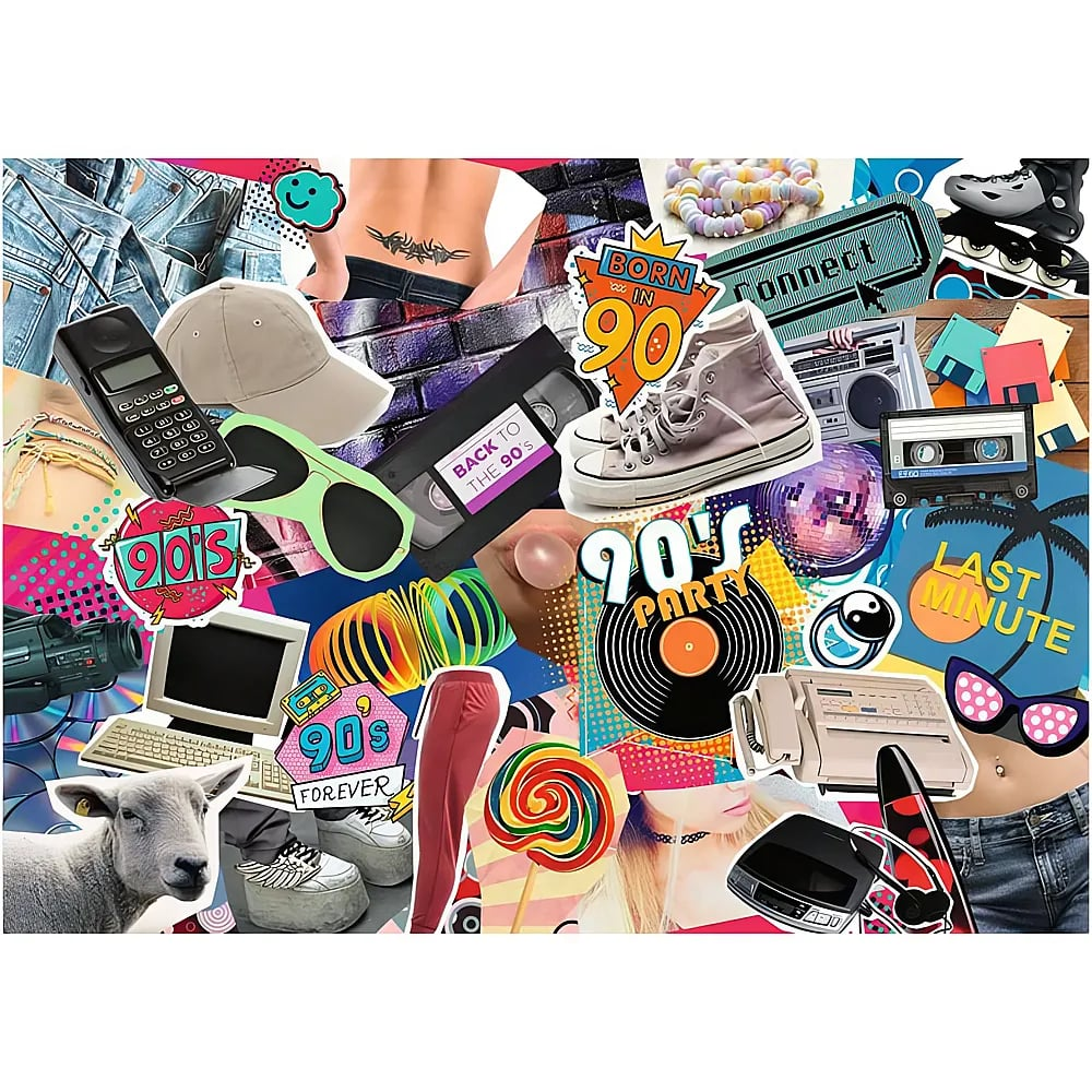 Eine Collage von Artikeln aus den 90er Jahren wie Kassette, Sneakers, Computer, Schallplatte und Schaf.