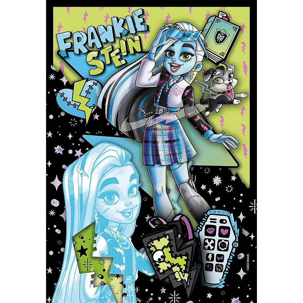 Frankie Stein de Monster High con pelo azul, falda de cuadros, cachorro e iconos coloridos sobre fondo negro.