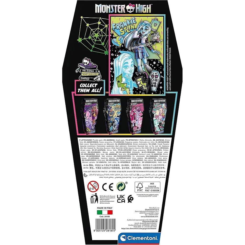 Empaque en forma de ataúd de Monster High con ilustración de Frankie Stein y texto.