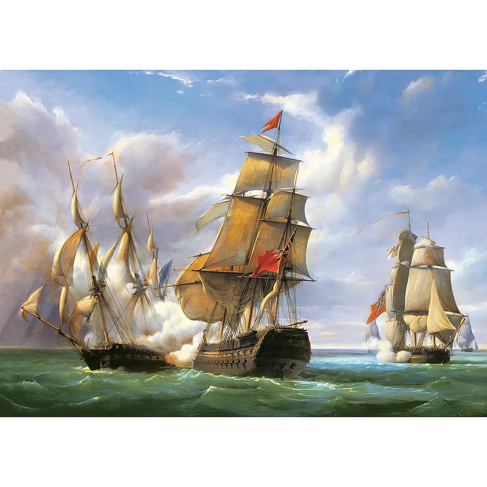 Historische Segelschiffe kämpfen auf stürmischem Meer unter einem wolkenverhangenen Himmel.