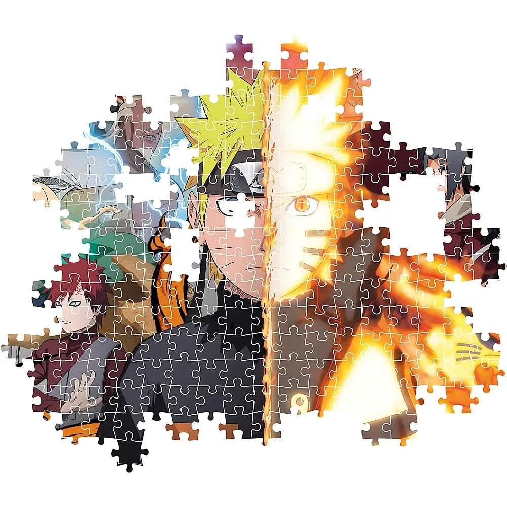 Ein Anime-Jigsaw-Puzzle zeigt Naruto mit Feuer- und Blitzeffekten sowie andere Charaktere.