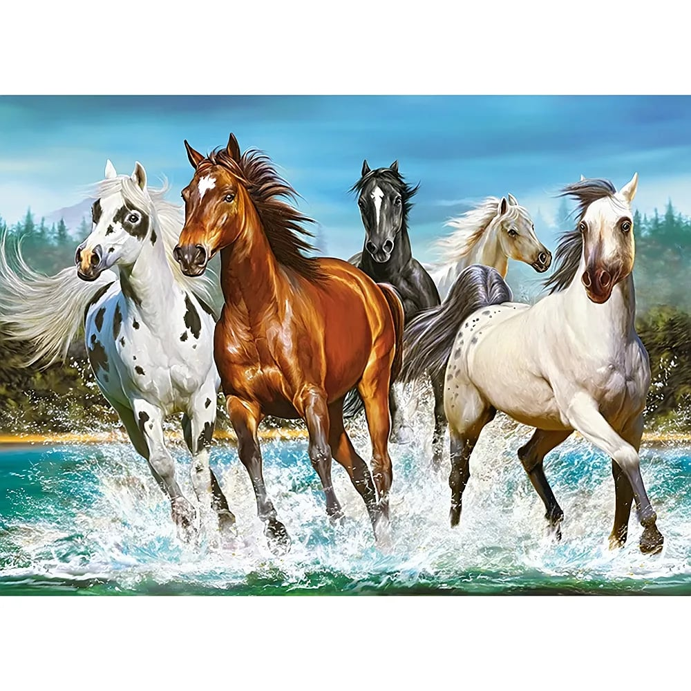 Fünf Pferde galloppieren durch flaches Wasser, aufgewirbelte Spritzer umgeben sie, Hintergrund Wald und blauer Himmel.