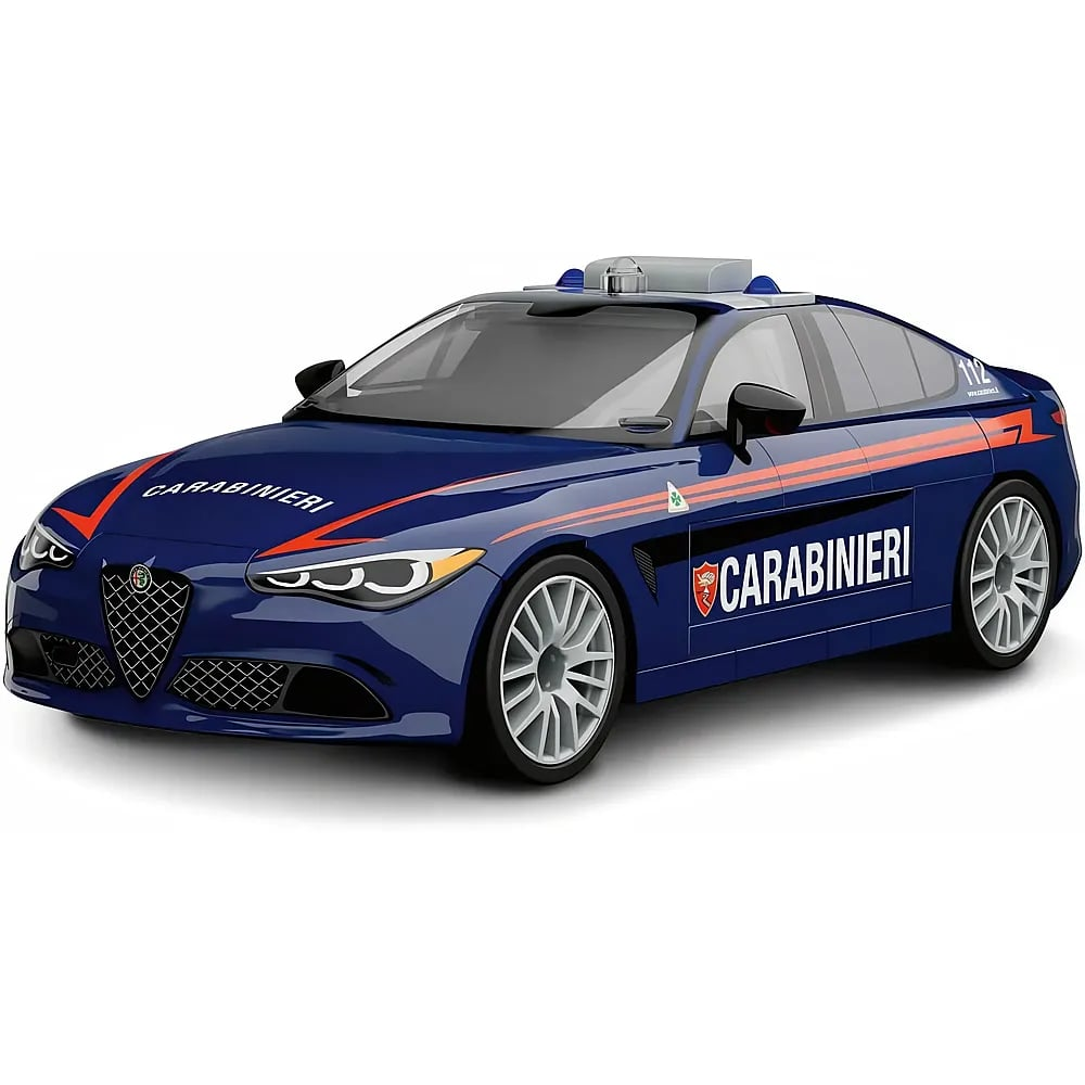 Ein blaues italienisches Carabinieri-Polizeiauto mit roten Streifen und weißer Aufschrift.
