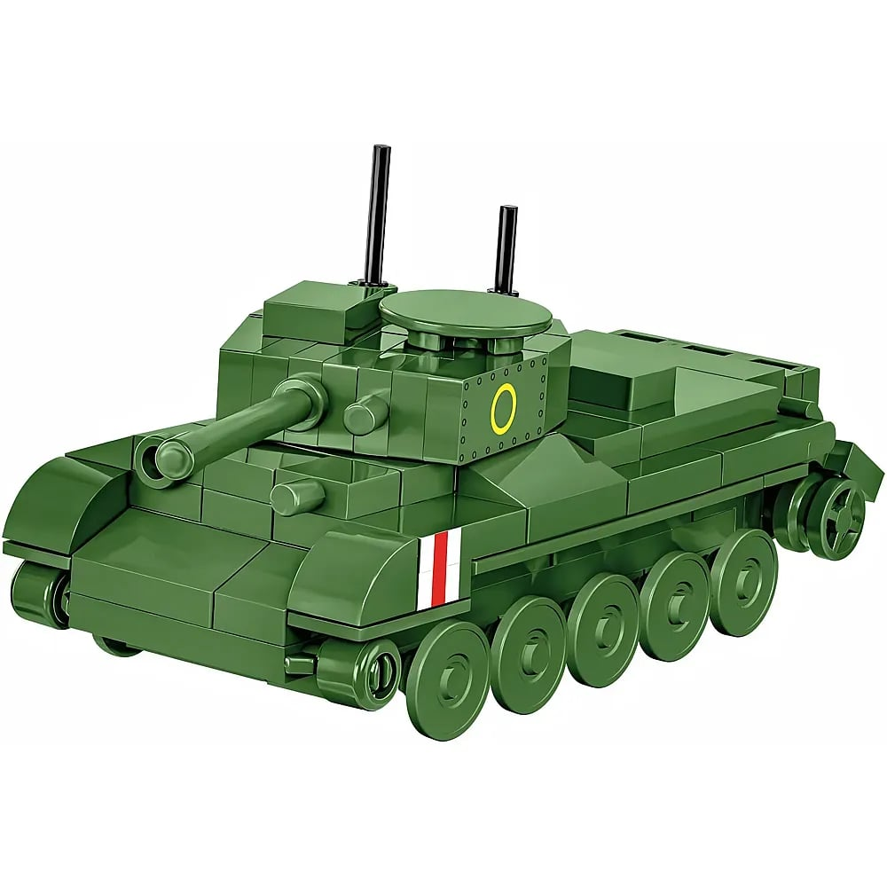 Ein grüner Spielzeugpanzer aus Bausteinen mit Kanone und Rädern.