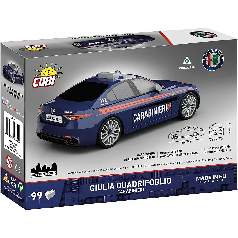 Verpackung eines Cobi Alfa Romeo Giulia Quadrifoglio Carabinieri Spielzeugautos auf weißem Hintergrund.
