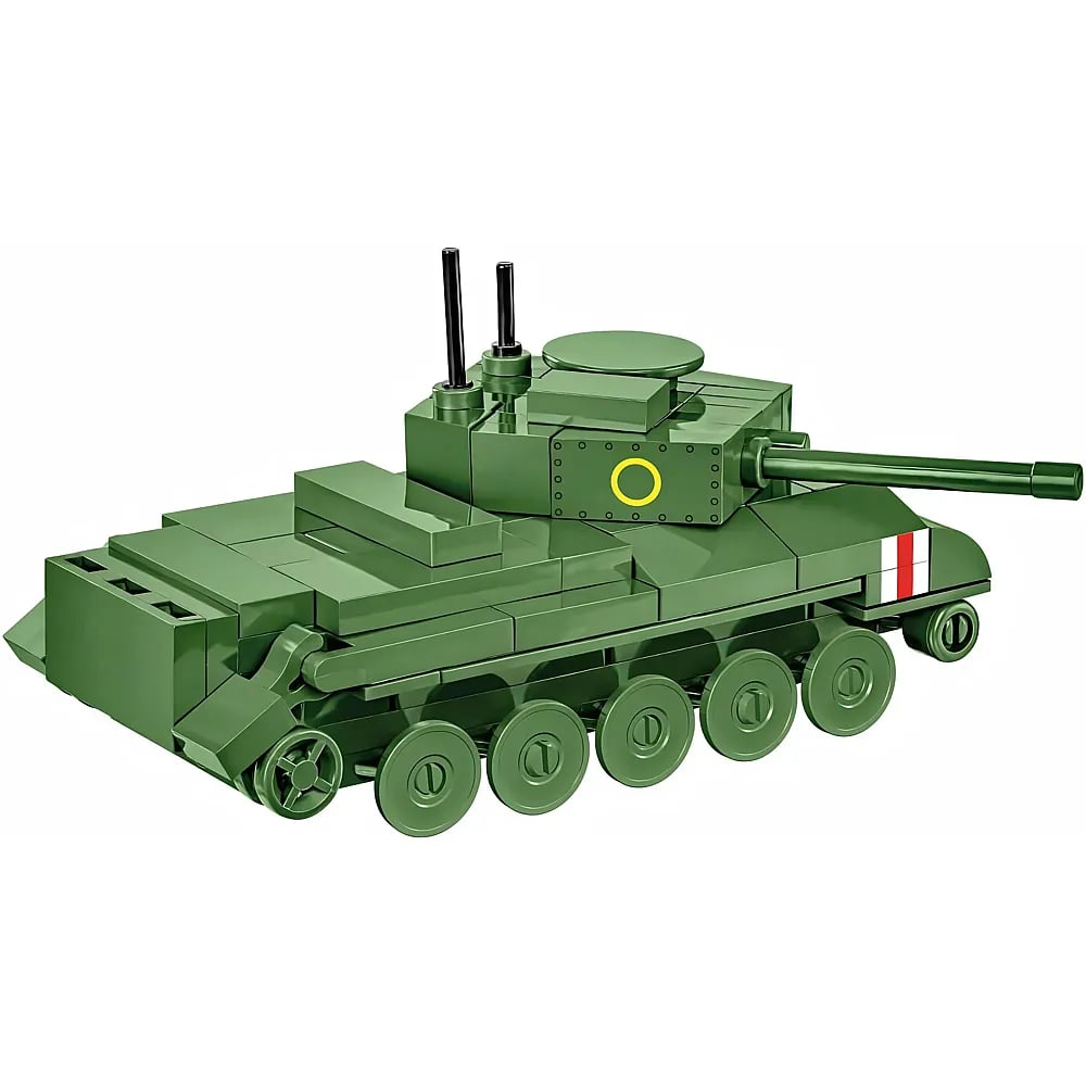 Ein gruner Spielzeugpanzer aus Plastik mit Radern, einem Turm und einem langen Rohr vor weissem Hintergrund.