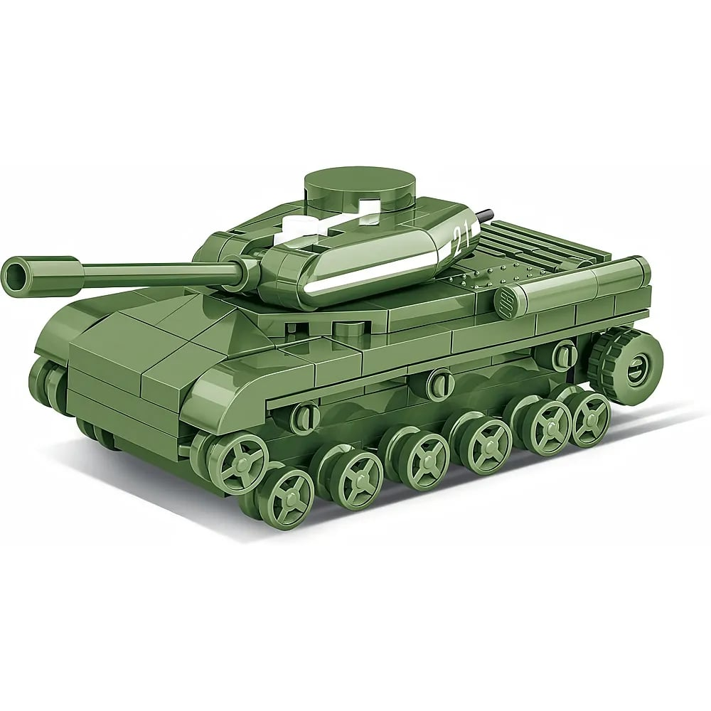 Un véhicule militaire jouet vert fait de blocs de construction avec des chenilles et un canon.