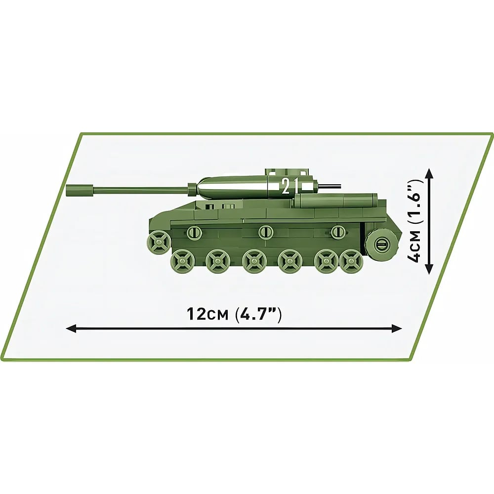 Char de jouet vert avec des dimensions de 12cm de long et 4cm de haut.