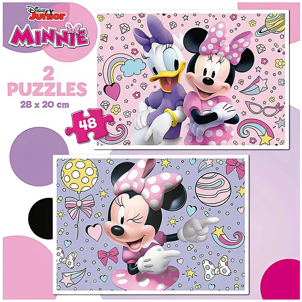 Disney Junior Minnie Puzzle-Set mit zwei Bildern von Minnie Maus und Daisy Duck vor rosa und violettem Hintergrund.