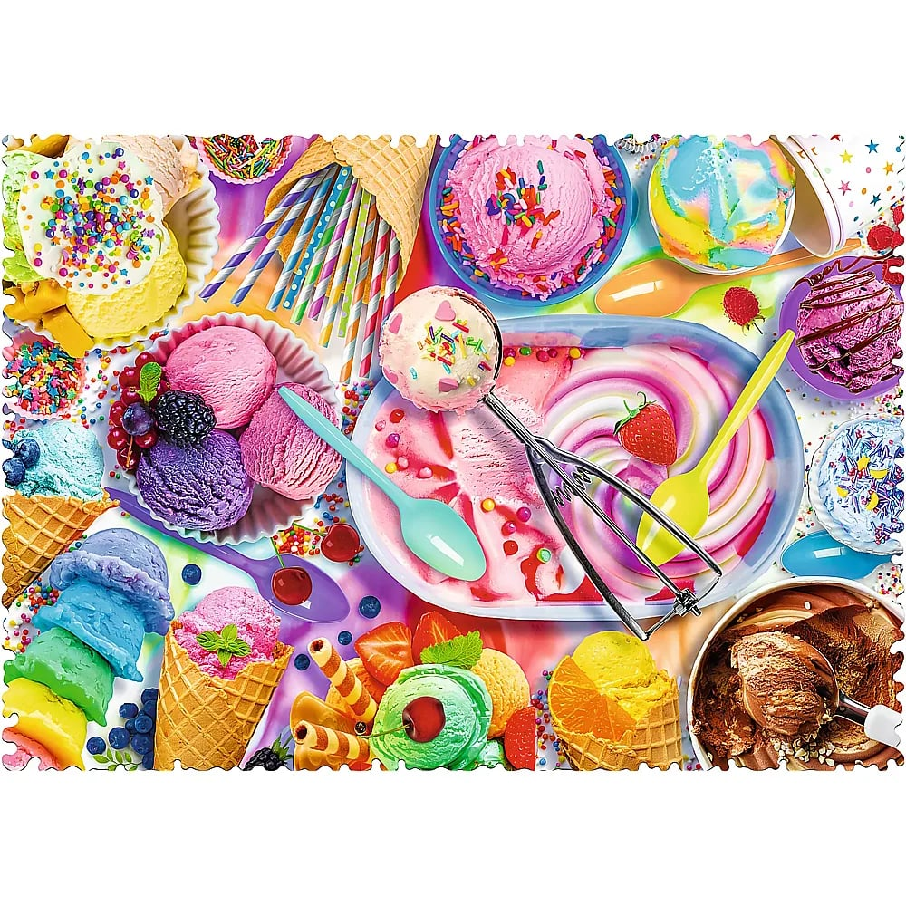 Eine bunte Draufsicht auf verschiedene Eiskugeln, Waffeln, Schalen, Löffel und Toppings.