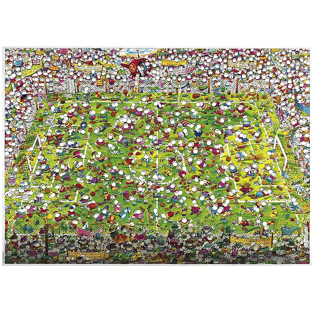 Ein volles Fußballfeld und Stadion mit unzähligen Cartoonfiguren und einem Hubschrauber.
