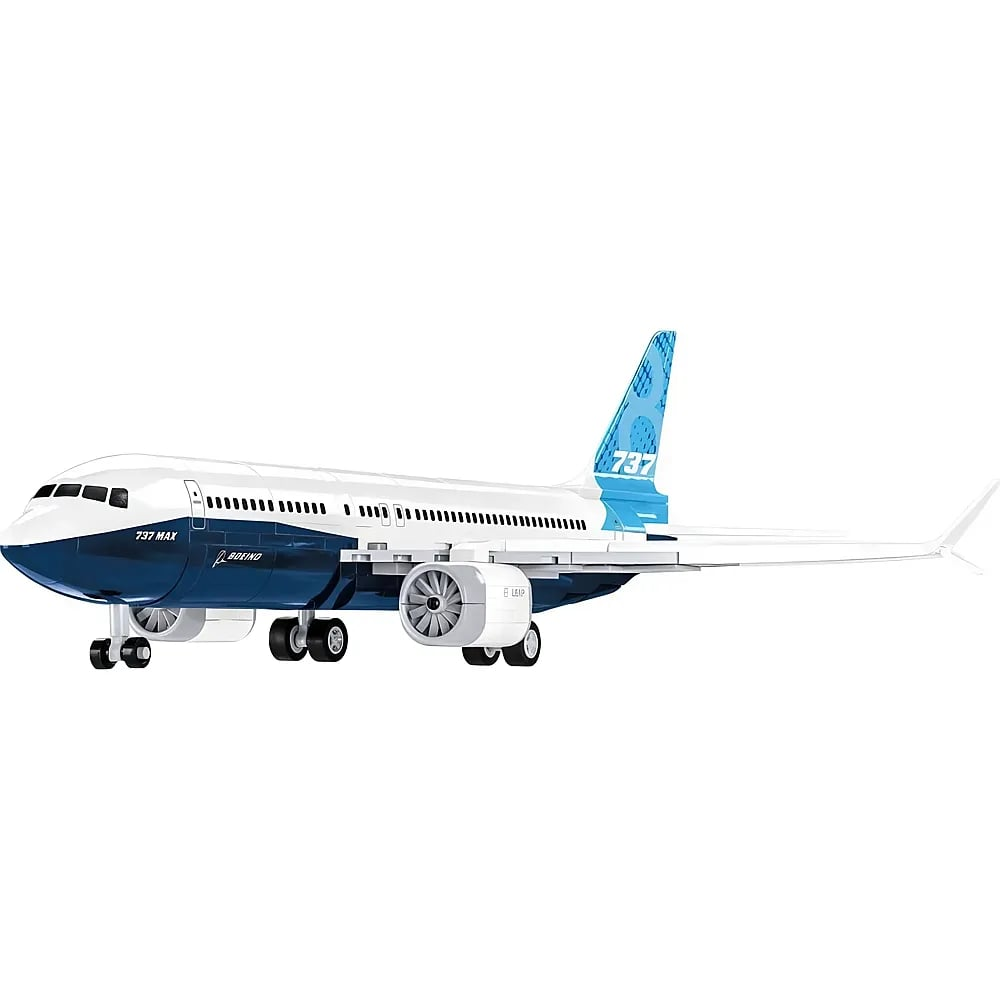 Model białego i niebieskiego samolotu Boeing 737 Max z widocznym podwoziem i silnikami na białym tle.