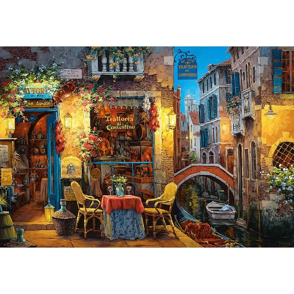 Une trattoria italienne pittoresque au bord du canal avec des lumières chaleureuses et un petit pont.