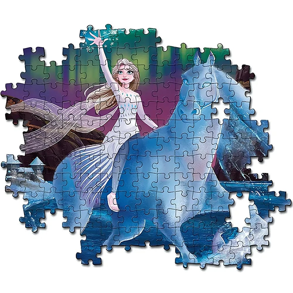 Puzzle incompleto con Elsa a cavallo dello spirito dell'acqua in una foresta oscura.