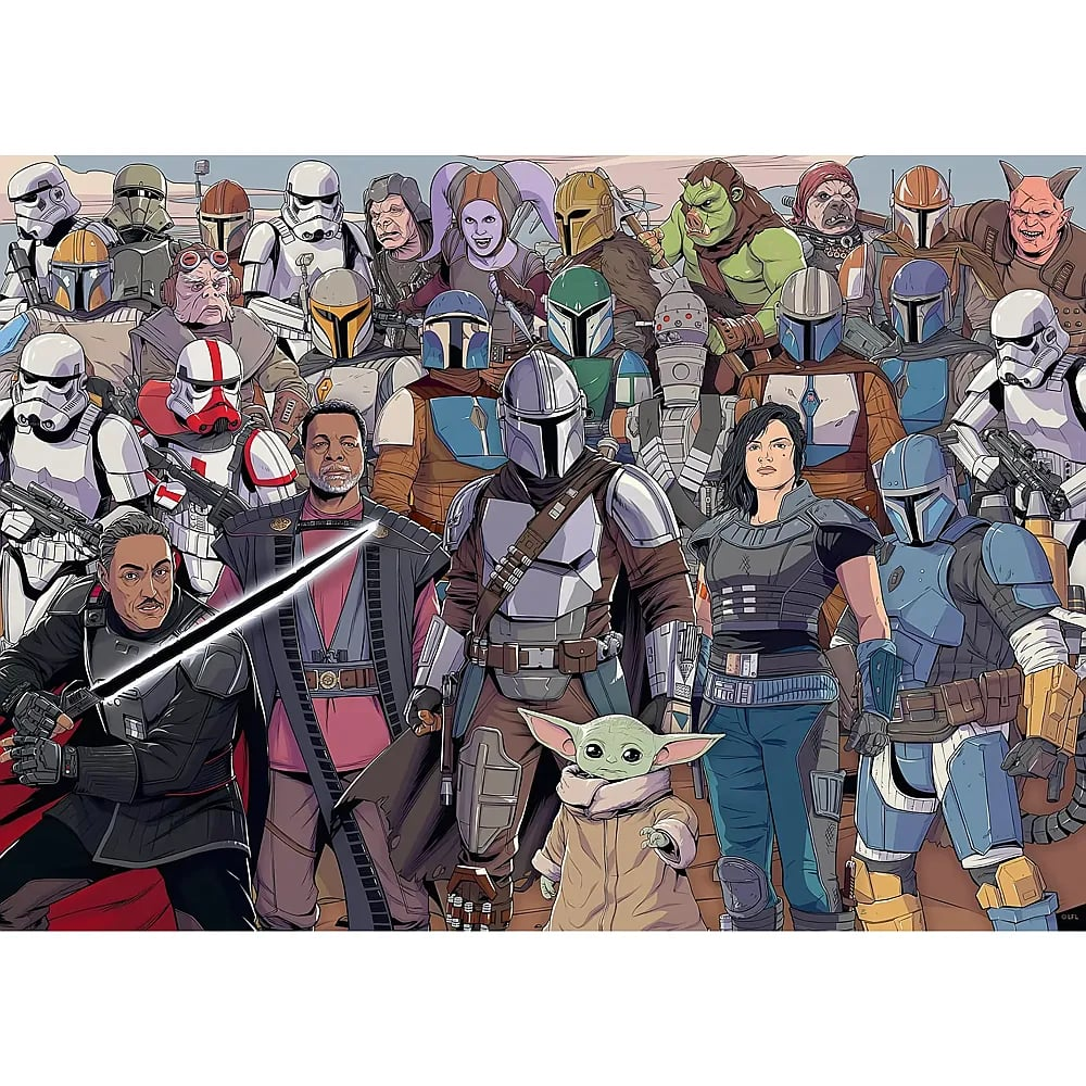 Un'illustrazione di vari personaggi e stormtrooper di Star Wars Mandalorian.