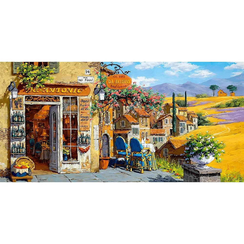 Gemälde einer sonnigen italienischen Trattoria mit Tischen, Blumen und Blick auf toskanische Hügel.