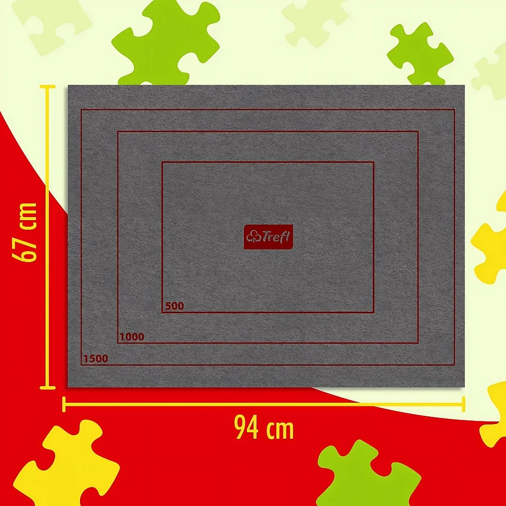 Graue Puzzlematte mit Größenlinien für 500, 1000 und 1500 Teile, Maße 94 x 67 cm.