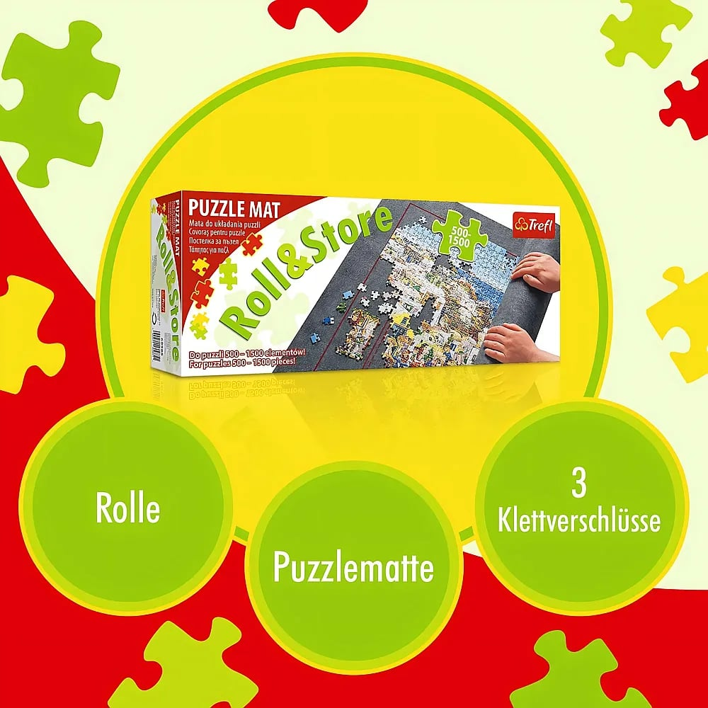 Produktbox einer Puzzle-Matte Roll & Store mit Text und drei grünen Kreisen unten.