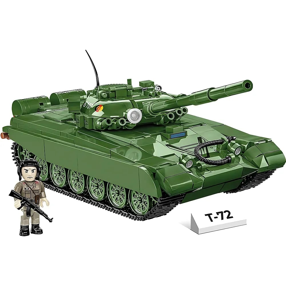 Un carro armato T-72 in mattoncini verdi con cingoli e una statuetta di soldato.