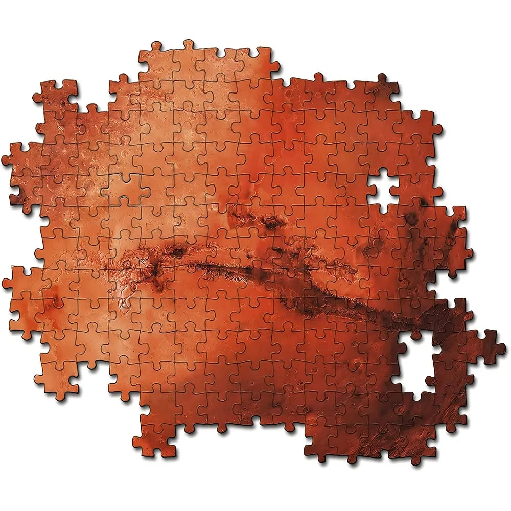 Un puzzle rossastro assemblato che raffigura la superficie di Marte con due pezzi mancanti.