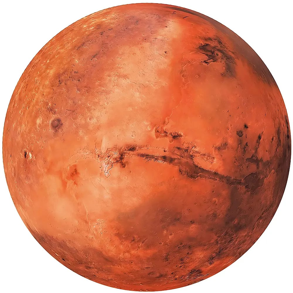 Una vista dettagliata del pianeta rosso Marte, che mostra crateri e il vasto sistema di canyon Valles Marineris.