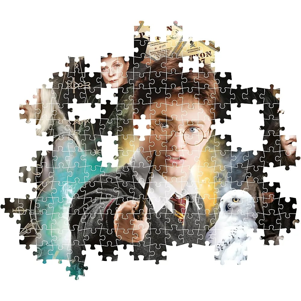 Harry Potter-puzzel met Harry, toverstaf, uil en andere personages.
