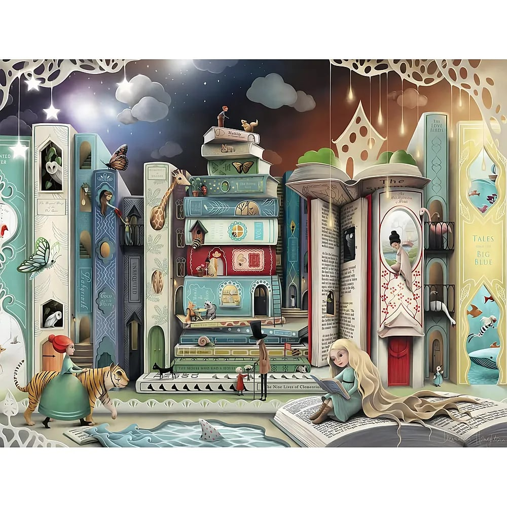 Phantasievolles Bild mit riesigen Büchern, die eine geBauete Fantasiewelt mit Charakteren und Tieren bilden.