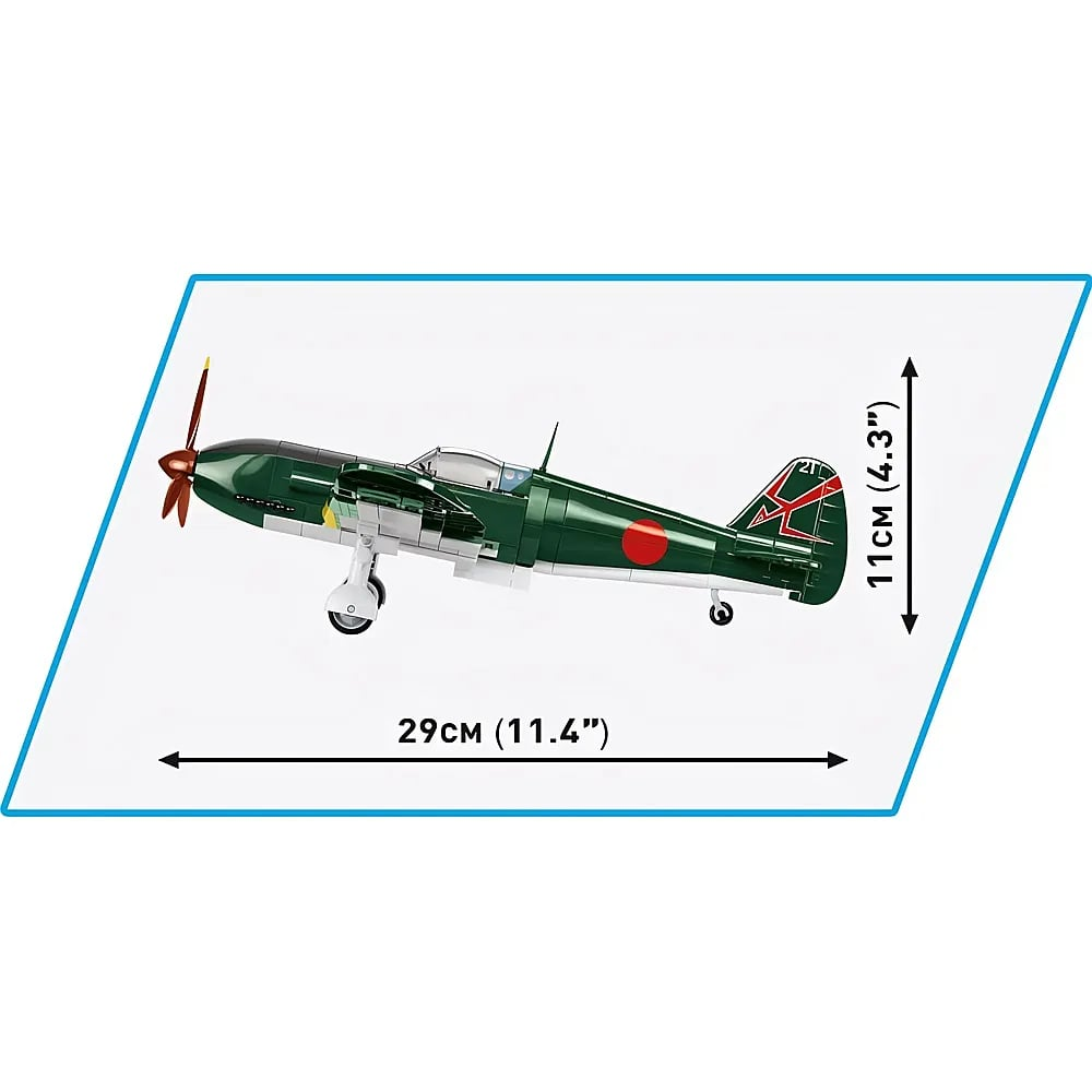 Zielono-biały model samolotu zabawkowego, długości 29 cm i wysokości 11 cm, na białym tle.