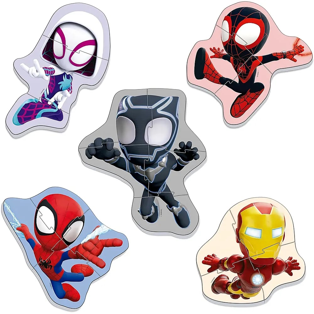 Fünf bunte Marvel-Superhelden-Puzzles mit Spider-Gwen, Miles Morales, Black Panther, Spider-Man und Iron Man.