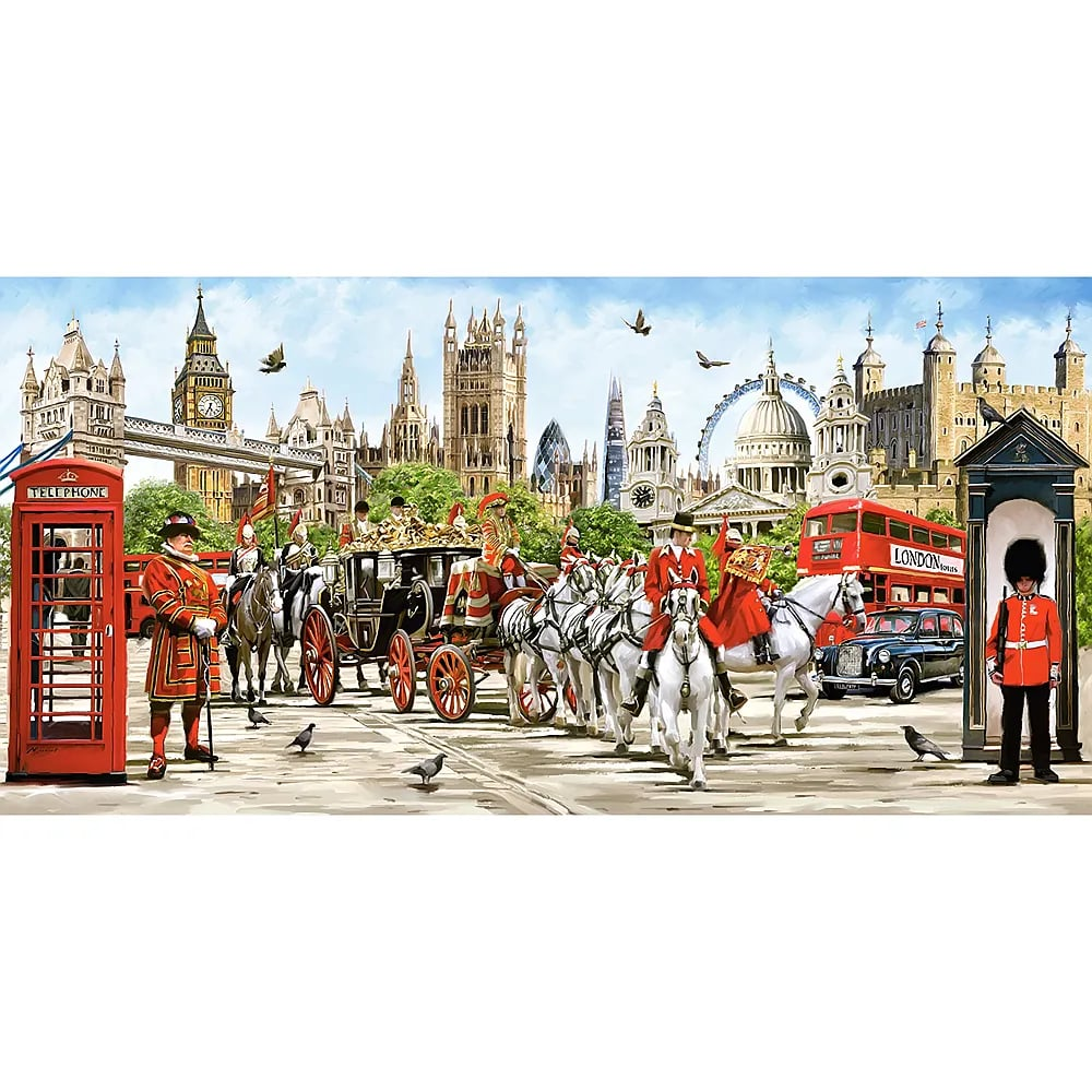 Londoner Straßenszene mit Pferdekutsche, Soldaten in roten Uniformen, roter Telefonzelle und berühmten Gebäuden im Hintergrund.