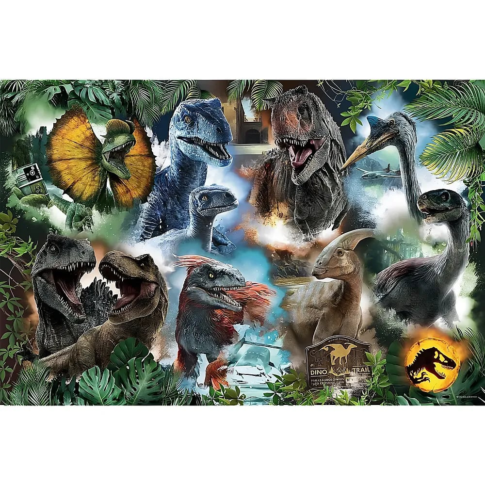 Eine dynamische Collage verschiedener Dinosaurierarten in einer üppigen Dschungelumgebung.