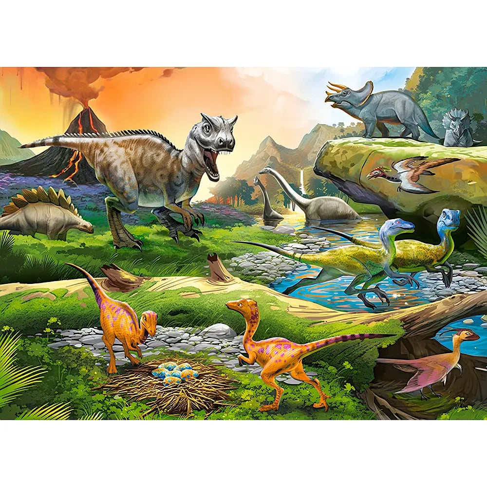 A prehistoric landscape with various dinosaurs, a volcano erupting in the background, and a river winding through.
