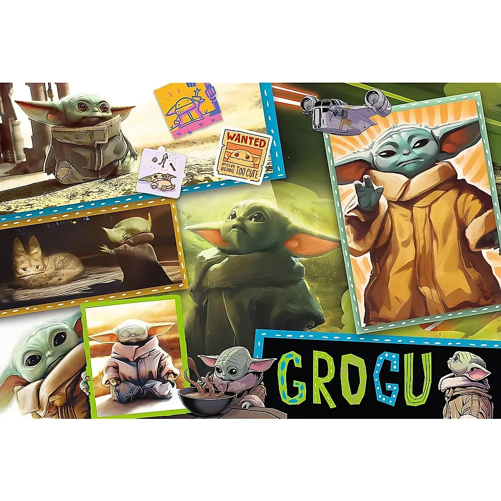 Eine Collage von Grogu aus Star Wars in verschiedenen Posen und Kunststilen, beschriftet mit GROGU.