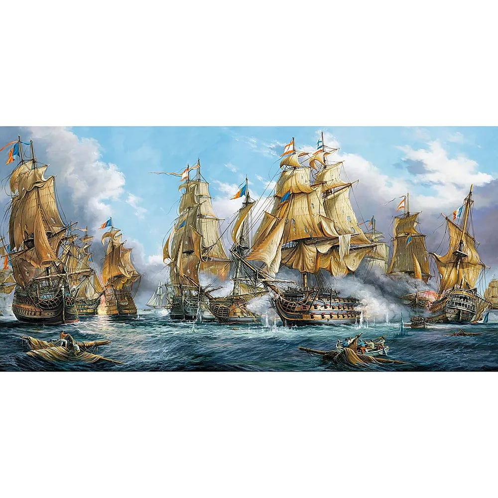 Gemälde einer historischen Seeschlacht mit Segelschiffen auf bewegter See und Raucheffekten.