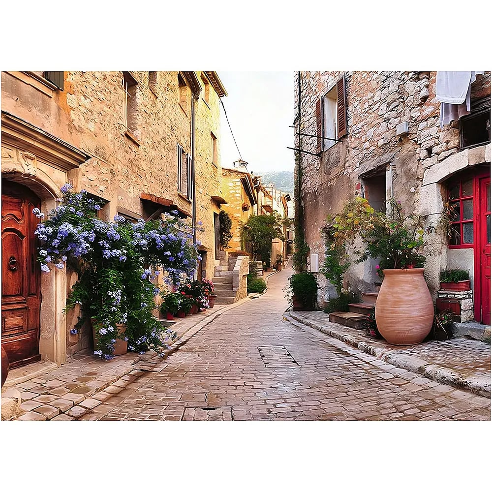 Eine malerische, steinerne Gasse mit blühenden Pflanzen und urigen Gebäuden in einem historischen Dorf.