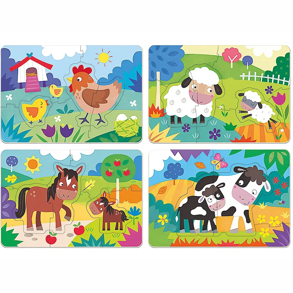 Cuatro coloridos rompecabezas de animales de granja con pollos, ovejas, un caballo y vacas.