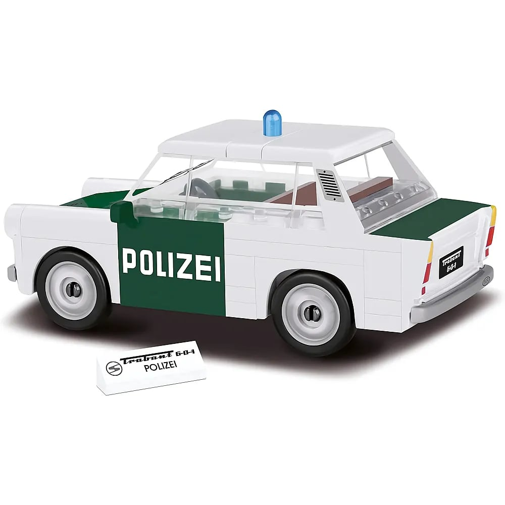 Ein weiß-grünes Trabant 601 Polizeiauto aus Klemmbausteinen mit blauem Blaulicht und einem kleinen Namensschild davor.