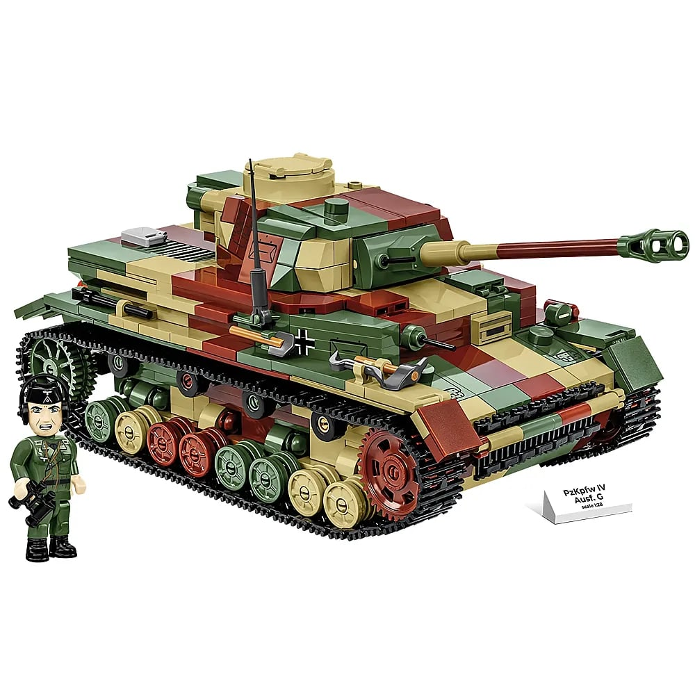Ein grün-braun-beige getarnter Spielzeugpanzer aus Klemmbausteinen mit einer kleinen Soldatenfigur.