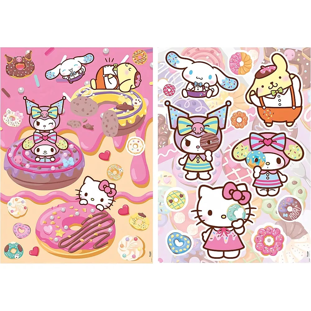 Hello Kitty y sus amigos con donas y dulces sobre fondos rosados y lavanda.