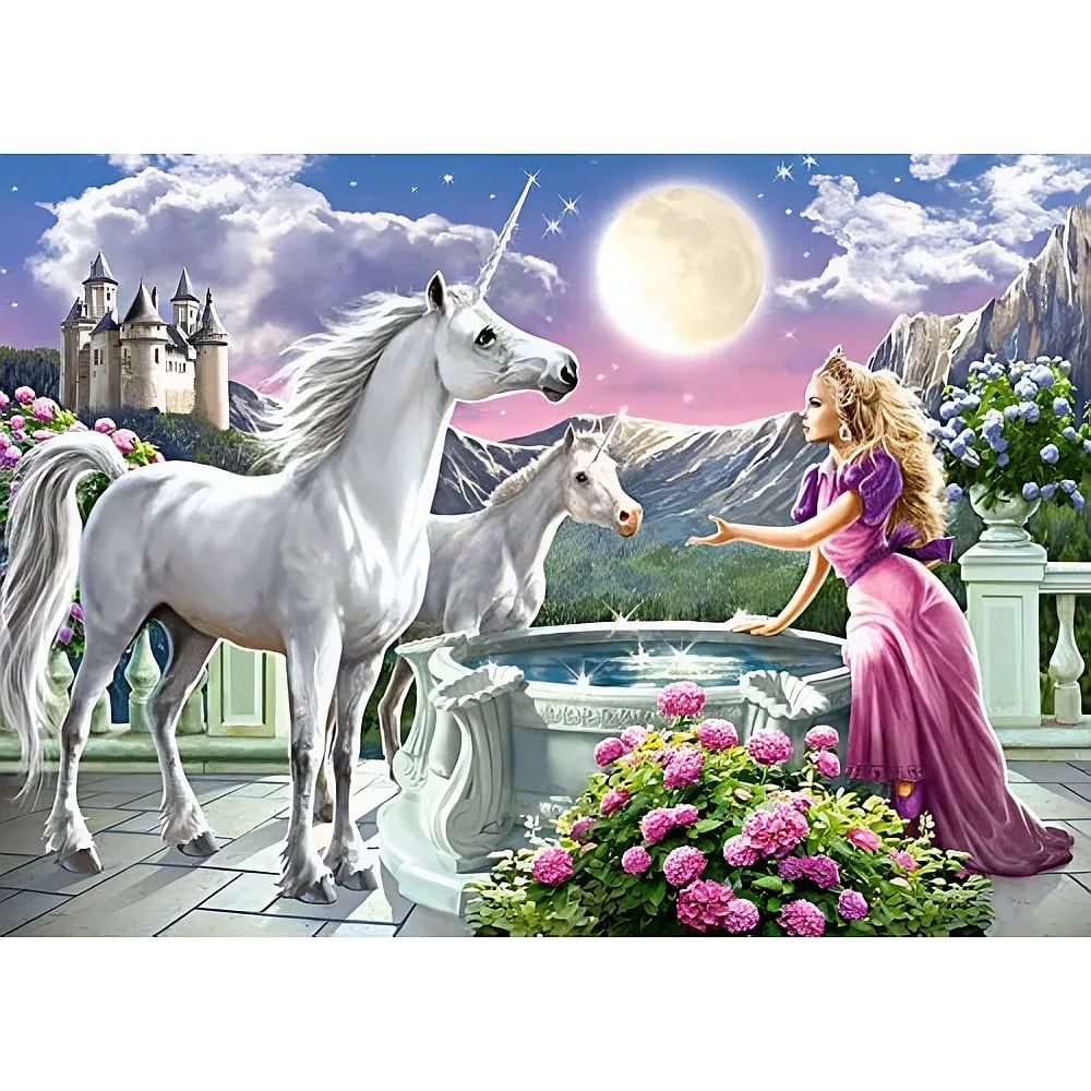 Eine Prinzessin in einem rosa Kleid begrüßt zwei weiße Einhörner an einem mondbeschienenen Brunnen.
