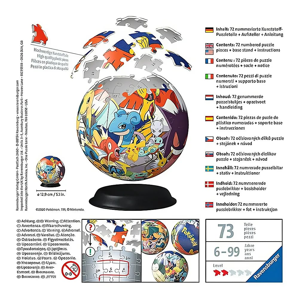 Ein Pokemon 3D-Puzzle mit 72 Teilen, einem Standfuß und mehrsprachigen Anleitungen.