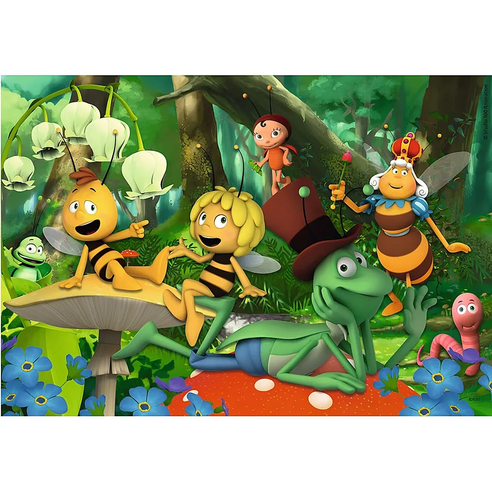 Animierte Waldszene mit Biene Maja, Willi und anderen Insektenfreunden.