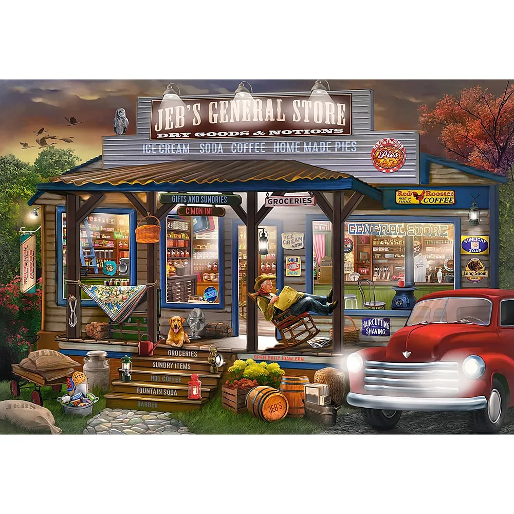 Pintura de Jeb's General Store con un porche, un hombre sentado, un perro y una camioneta roja.