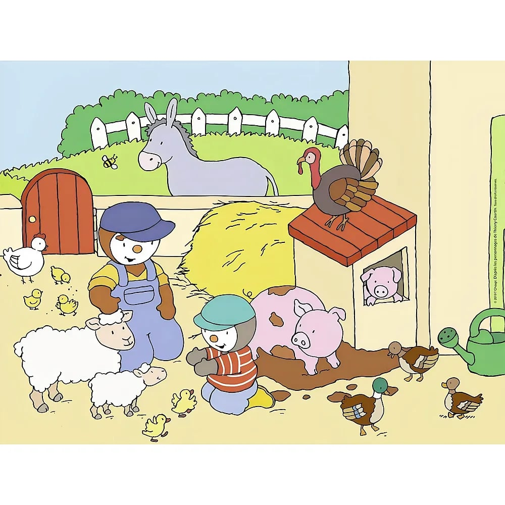 Kinder auf einem Bauernhof umgeben von Tieren wie Schafen, Schweinen, Enten und einem Esel.
