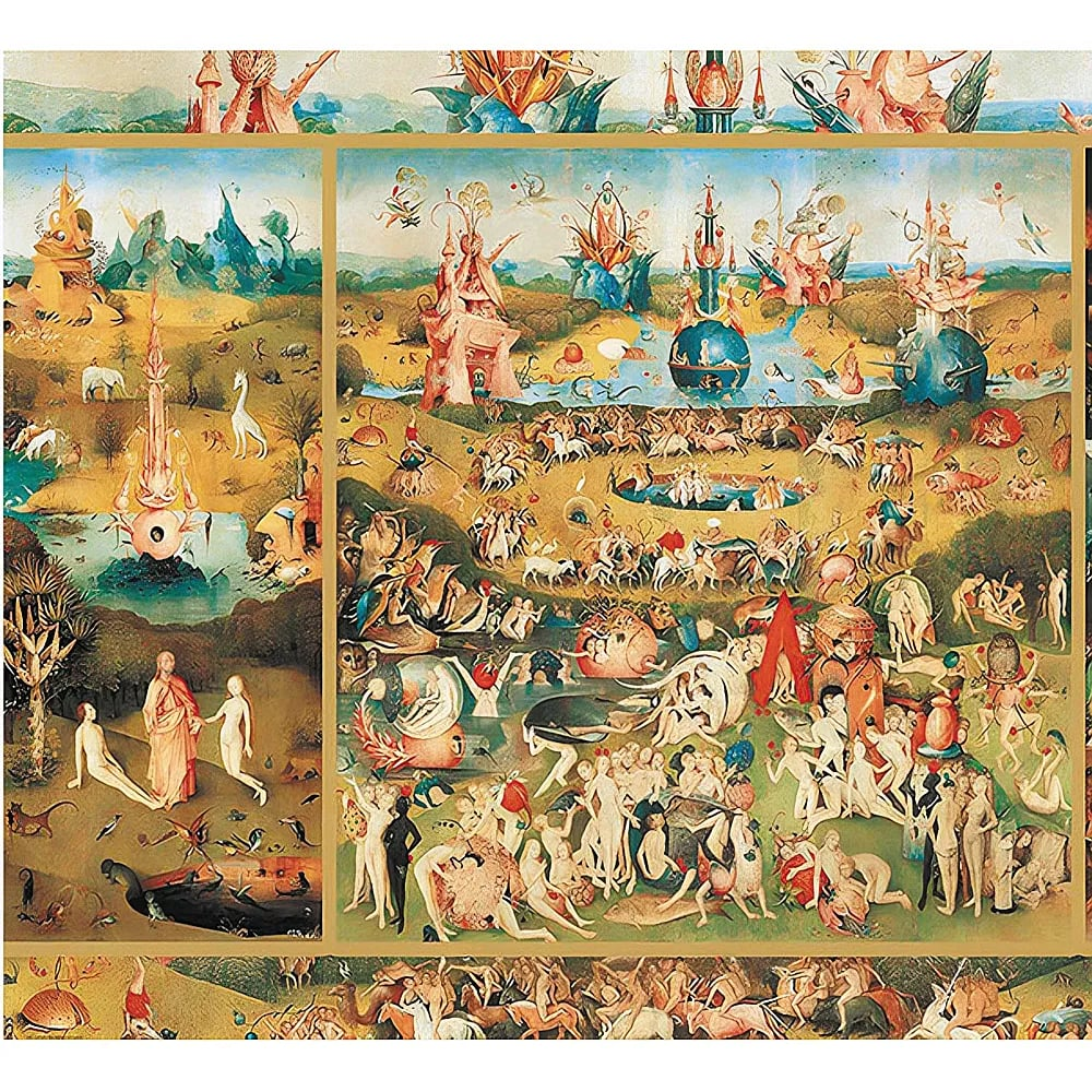 Peinture représentant de nombreuses figures, créatures fantastiques et animaux dans un paysage surréaliste.